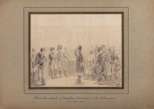 I. Sándor bemutatja az orosz hadsereg kozákjait és kalmüköket I. Napóleonnak, Tilsitben, 1807. július 8.